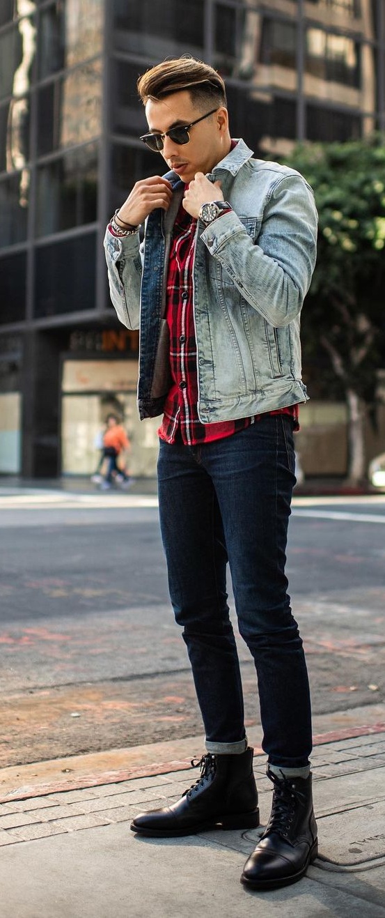 Hottest Red Check Shirt- Denim Jacket -Black Denims- Outfits-for-Men Hottest Red Check Shirt- Denim Jacket -Black Denims- Outfits-for-Men