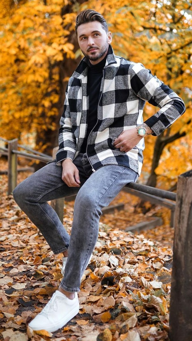 Plaid Jacket - Plain Tee-Denim Jeans- Outfit-For-Fall Plaid Jacket - Plain Tee-Denim Jeans- Outfit-For-Fall