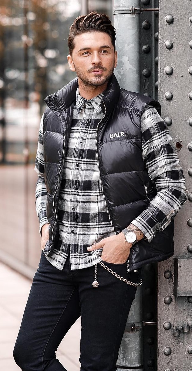 Puffer Jacket+ Black and White Checkered Shirt + Black Pants- Winter Outfit Puffer Jacket+ Black and White Checkered Shirt + Black Pants- Winter Outfit