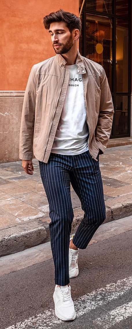 Stylish Stripes Pant Styled With Tee and Jacket Stylish Stripes Pant Styled With Tee and Jacket