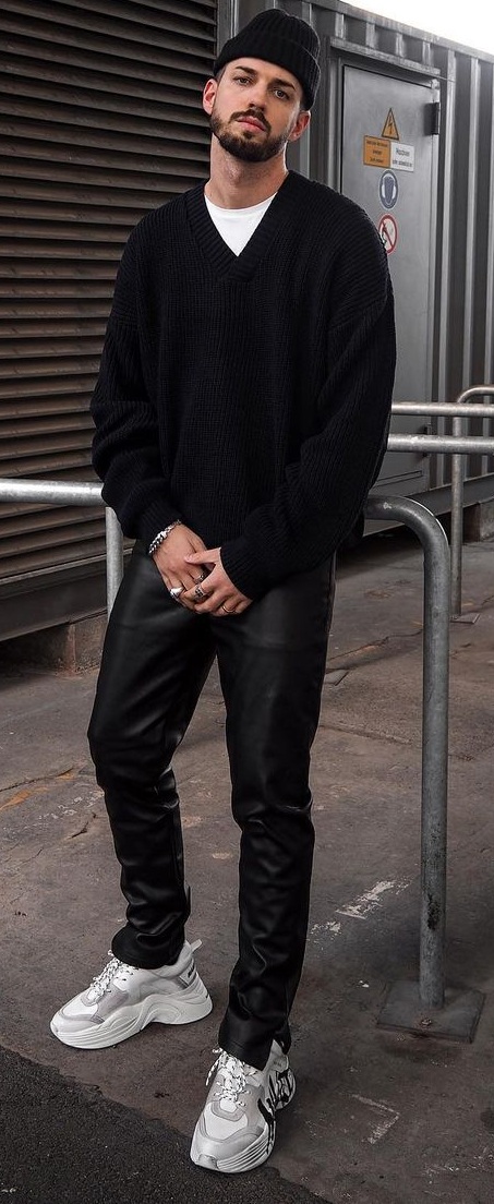 Stylish Winter Outfit- Leather Pants Paired With Sweater and Beanie Stylish Winter Outfit- Leather Pants Paired With Sweater and Beanie