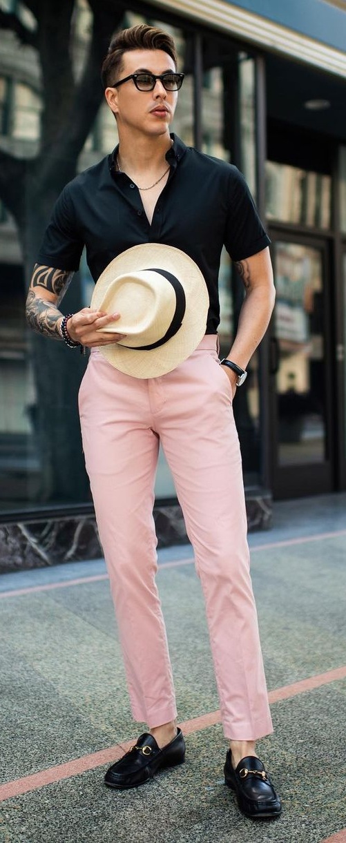 Black Shirt- Pink Chinos Outfit For Cool and Casual Look Black Shirt- Pink Chinos Outfit For Cool and Casual Look