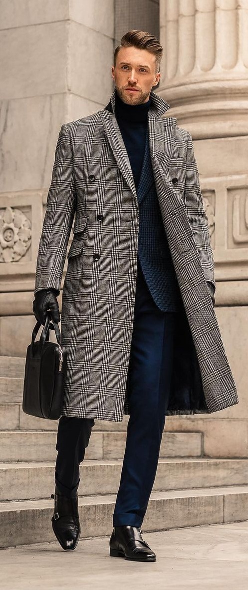Blue Suit With Plaid Coat and gloves outfit idea for men Blue Suit With Plaid Coat and gloves outfit idea for men