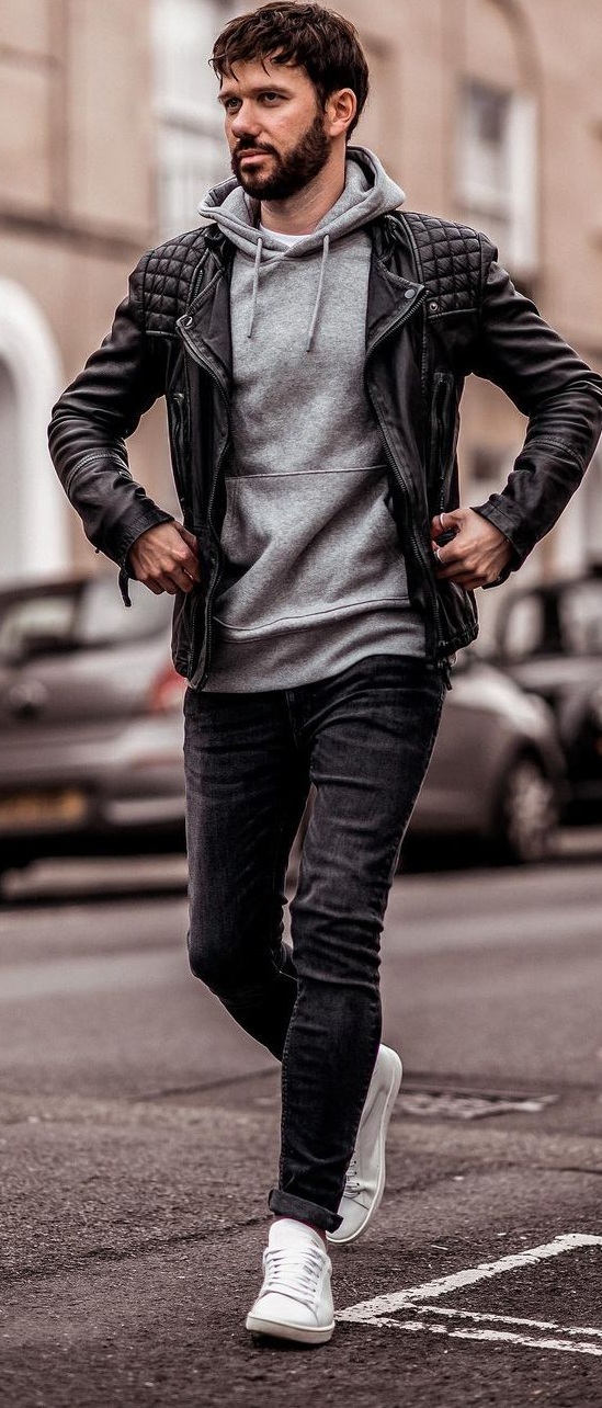 Cool Biker Jacket Styled With Hoodie, Denims and Sneakers Cool Biker Jacket Styled With Hoodie, Denims and Sneakers