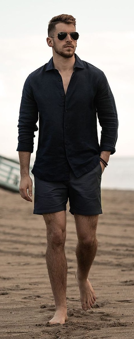 Cool Black Shirt and Shorts Outfit for Beach Look Cool Black Shirt and Shorts Outfit for Beach Look
