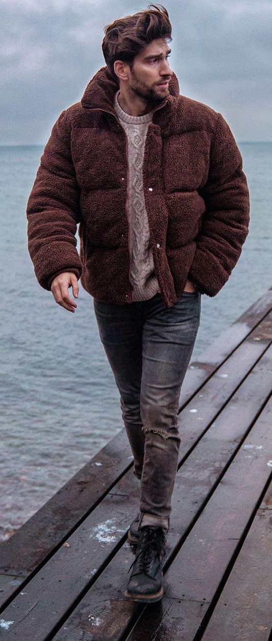 Cute Sweater layered with a bulky teddy jacket and styled with jeans and boots Cute Sweater layered with a bulky teddy jacket and styled with jeans and boots
