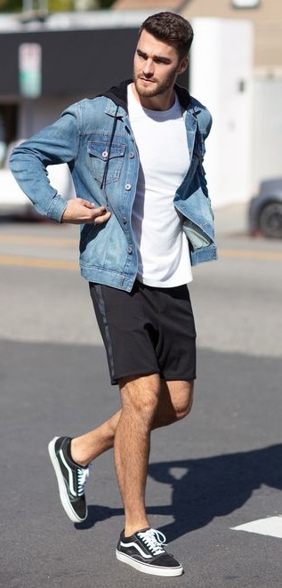 Denim Jacket- White tee-Black Shorts-Outfit-For-Men Denim Jacket- White tee-Black Shorts-Outfit-For-Men
