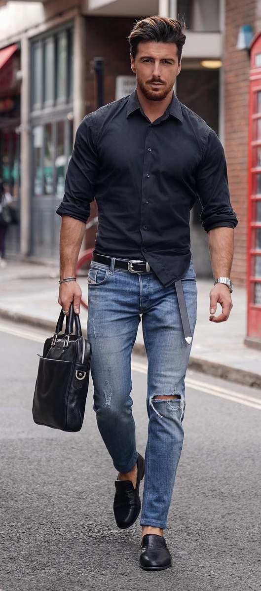 Dope Denim Jeans and Black Shirt Outfit For Men Dope Denim Jeans and Black Shirt Outfit For Men