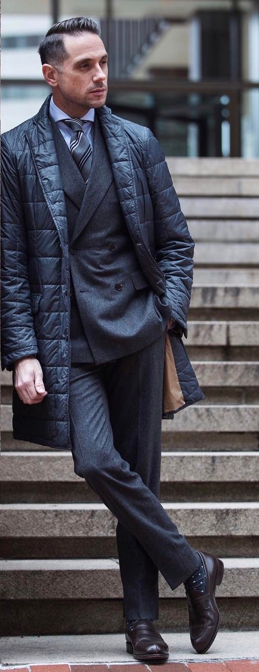 Double Breasted Suit Styled With Puffer Jacket For Winter Double Breasted Suit Styled With Puffer Jacket For Winter