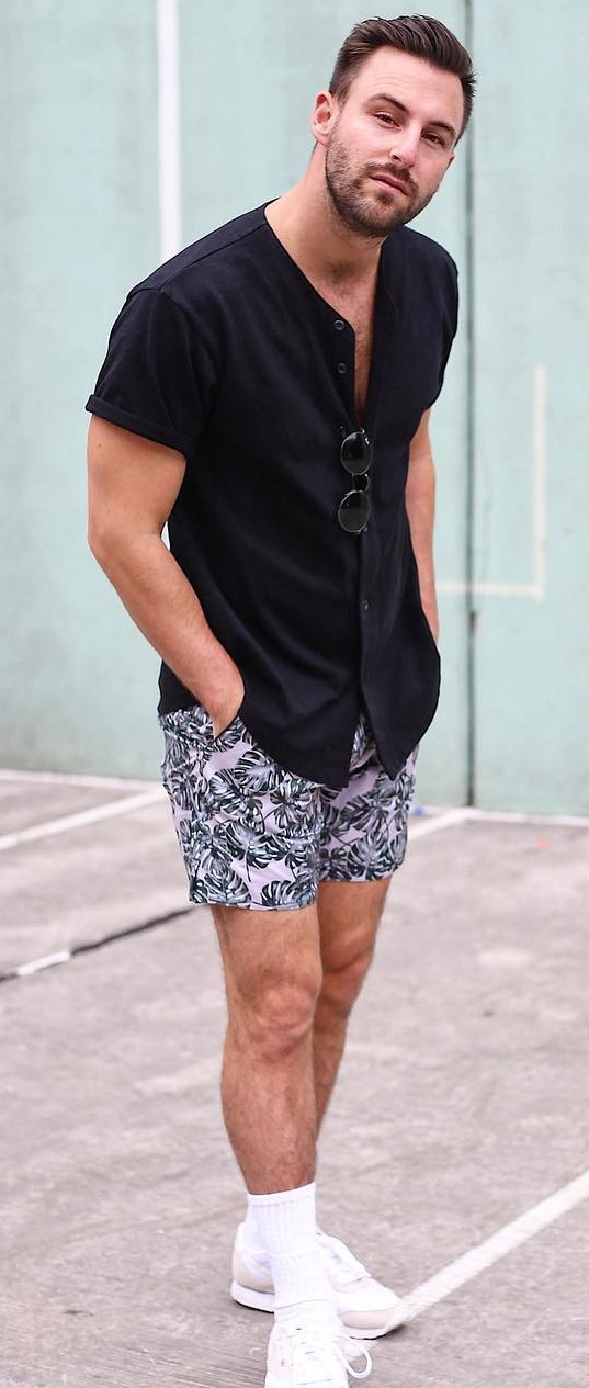 Floral Shorts- Black Shirt-Outfit-Idea-For-Men Floral Shorts- Black Shirt-Outfit-Idea-For-Men