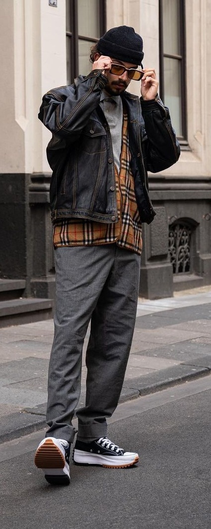 Grey polo layered with plaid sweater and denim jacket Grey polo layered with plaid sweater and denim jacket