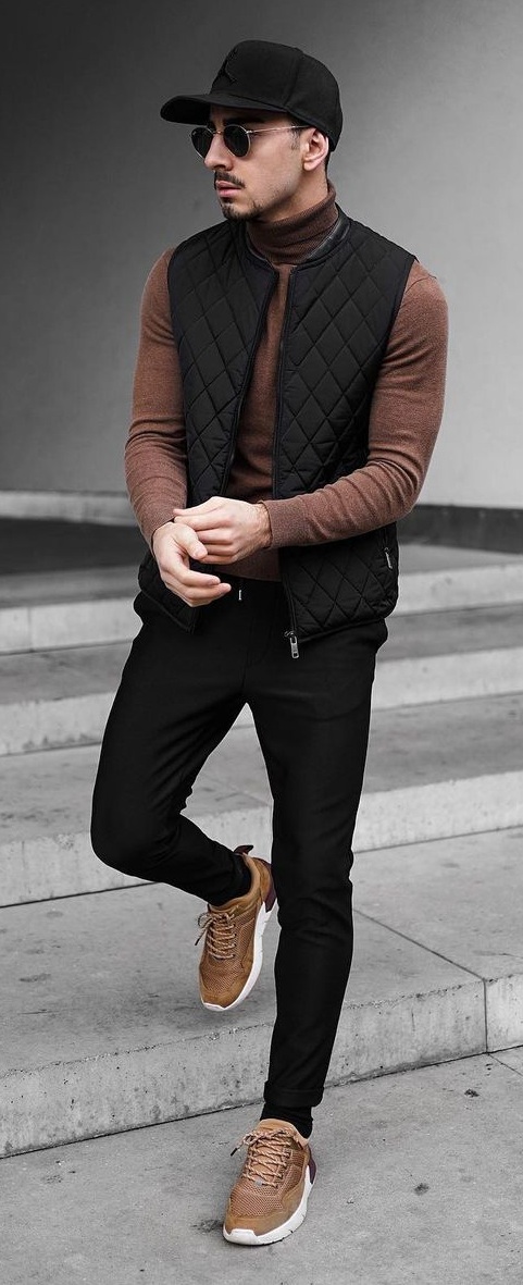 Layer your turtleneck with a cool quilted jacket, cap and sneakers Layer your turtleneck with a cool quilted jacket, cap and sneakers