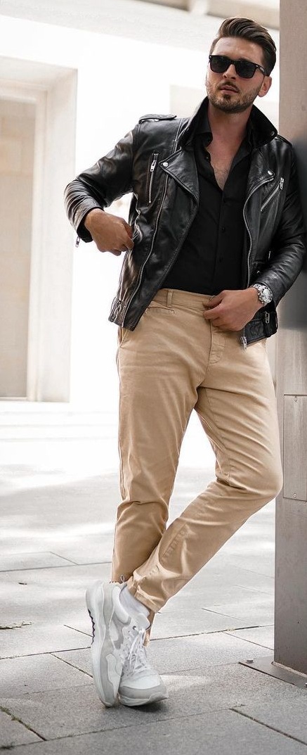 Leather Jacket- Black Shirt- Khaki Pants -Outfit-Ideas Leather Jacket- Black Shirt- Khaki Pants -Outfit-Ideas