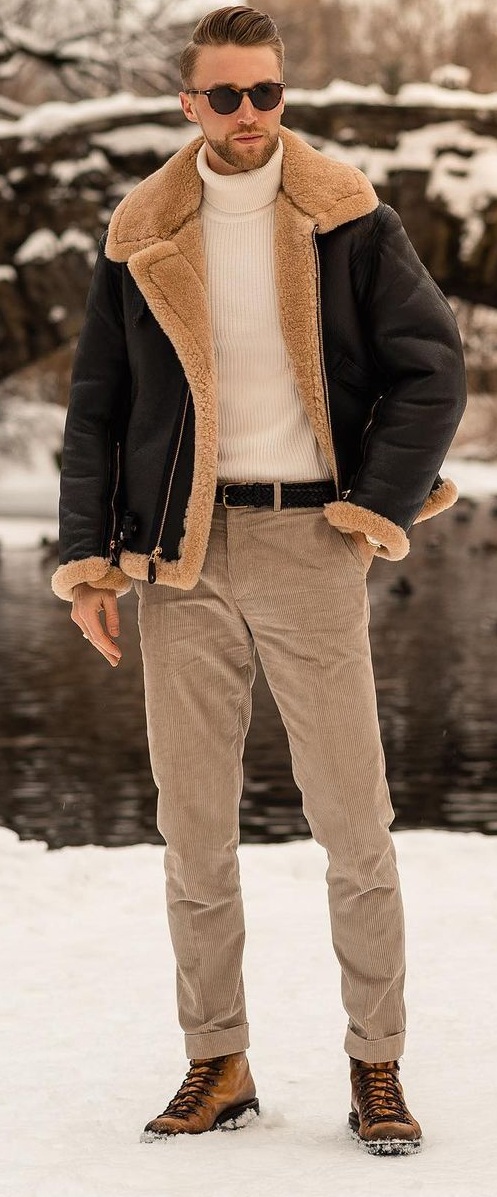 Shearling Jacket- Turtleneck Sweater-Trousers-Boots-For-Winter Shearling Jacket- Turtleneck Sweater-Trousers-Boots-For-Winter