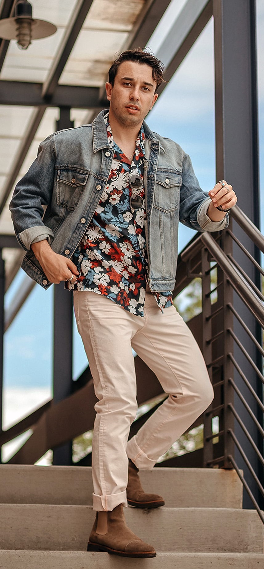 Denim jacket over a printed shirt and beige pant - Printed Shirt Combinationss for Men Denim jacket over a printed shirt and beige pant - Printed Shirt Combinationss for Men