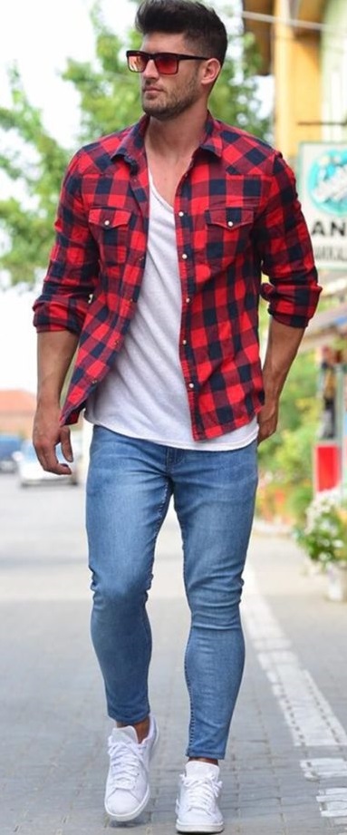 shirt with checked print over white tee denim jeans & white shoes - Printed Shirt Combinations for Men shirt with checked print over white tee denim jeans & white shoes - Printed Shirt Combinations for Men