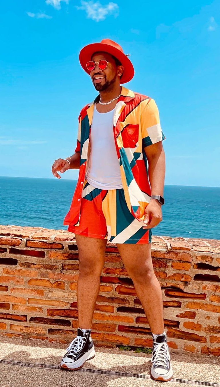 Open Printed shirts with Printed Shorts and color cordinated shirt for a fun vacation look Open Printed shirts with Printed Shorts and color cordinated shirt for a fun vacation look