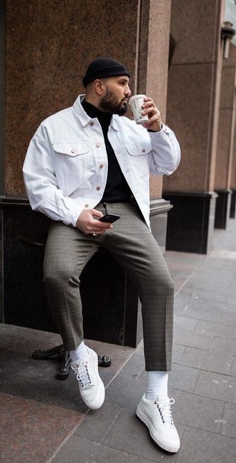 White jackets over Turtle neck. White jackets over Turtle neck.