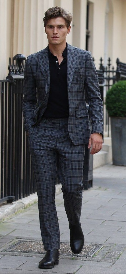 Black t-shirt with blue checkered suit and suede boots_ Black t-shirt with blue checkered suit and suede boots_