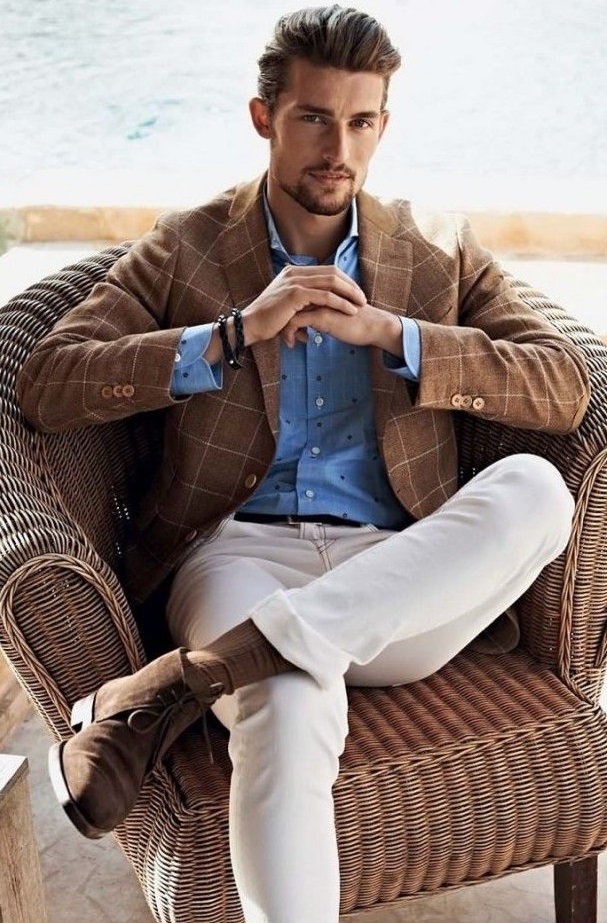 Blue buttoned shirt with brown checkered suit. Wearing a brown boots and socks_ Blue buttoned shirt with brown checkered suit. Wearing a brown boots and socks_