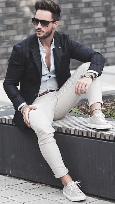 White undershirt with black shirt and cream pants. Wearing it with belt, shades and watch_ White undershirt with black shirt and cream pants. Wearing it with belt, shades and watch_