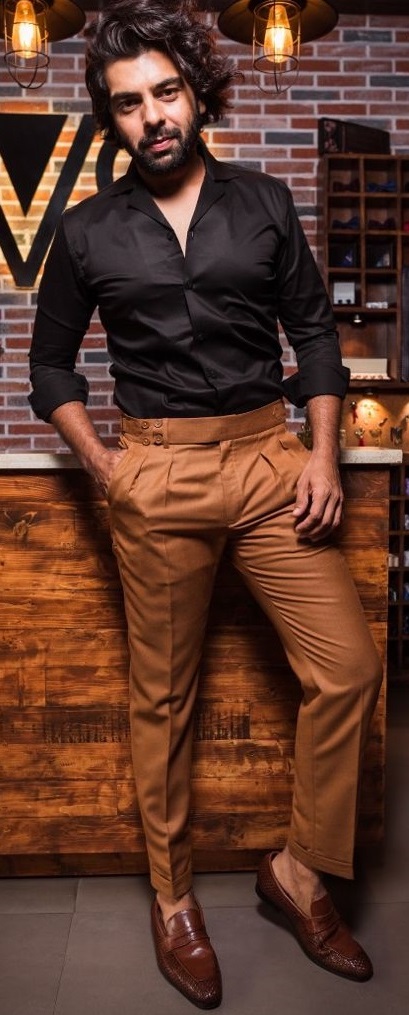 Black dress shirt with brown trouser and brown formal shoes_ Black dress shirt with brown trouser and brown formal shoes_