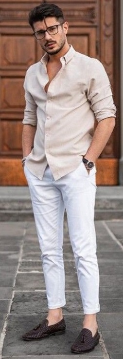 Cream shirt with white chinos and a watch_ Cream shirt with white chinos and a watch_