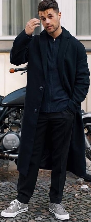Dark blue long overcoat zipper tshirt and black chinos_ Dark blue long overcoat zipper tshirt and black chinos_