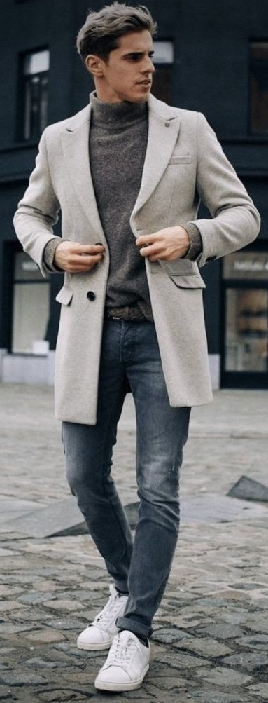 Grey turtle neck t-shirt with light grey colored overcoat. wearing a white sneaker and belt_ Grey turtle neck t-shirt with light grey colored overcoat. wearing a white sneaker and belt_