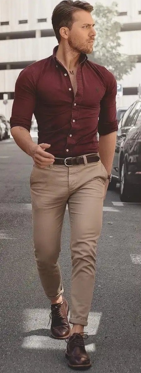 Maroon shirt with beige jeans and dark brown belt_ Maroon shirt with beige jeans and dark brown belt_