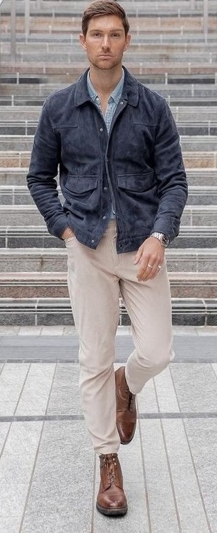 beige chinos with dark blue buttoned jacket and light blue shirt, wearing a wrist watch in hands_ beige chinos with dark blue buttoned jacket and light blue shirt, wearing a wrist watch in hands_
