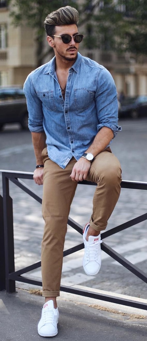 beige jeans with denim shirt, shades, watch and a bracelet, wearing a white sneakers_ beige jeans with denim shirt, shades, watch and a bracelet, wearing a white sneakers_
