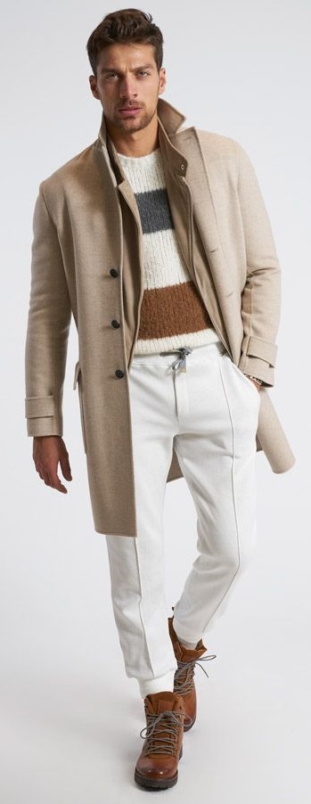 beige overcoat with white chinos and sweater inside with long lace up shoe beige overcoat with white chinos and sweater inside with long lace up shoe