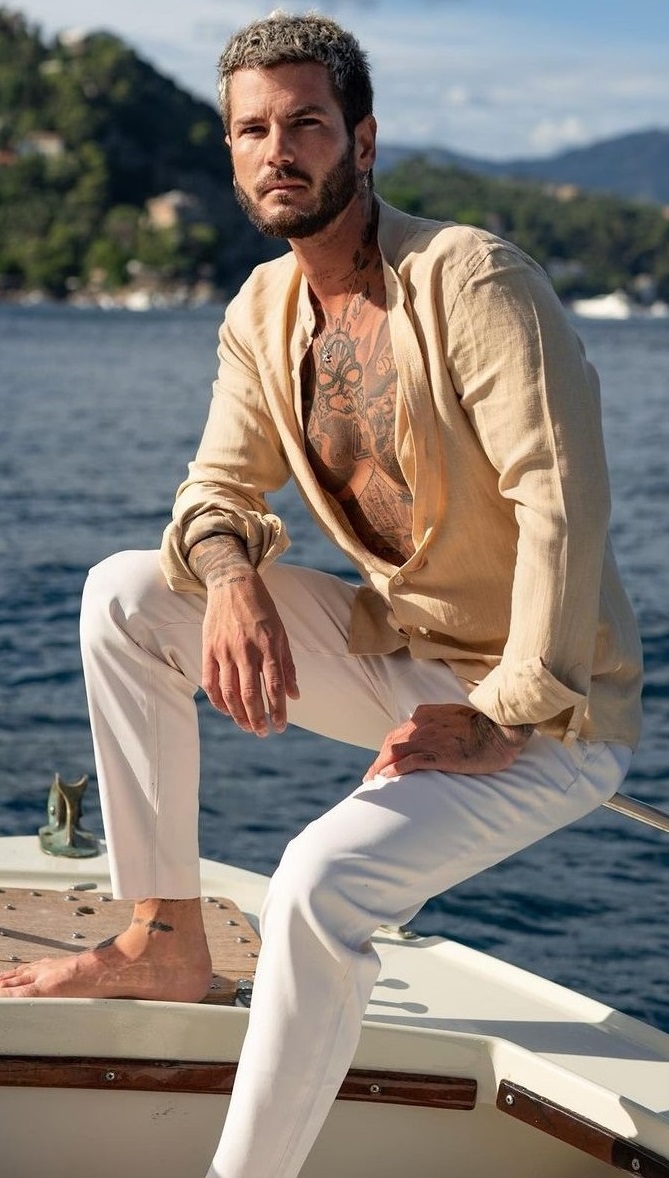 beige shirt with white chinos_ beige shirt with white chinos_