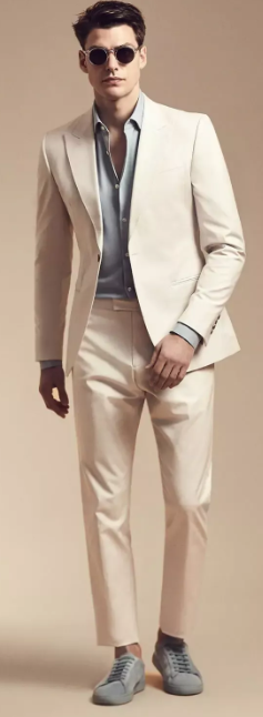 beige suit with blue undershirt and grey shoes accessorized with shades beige suit with blue undershirt and grey shoes accessorized with shades