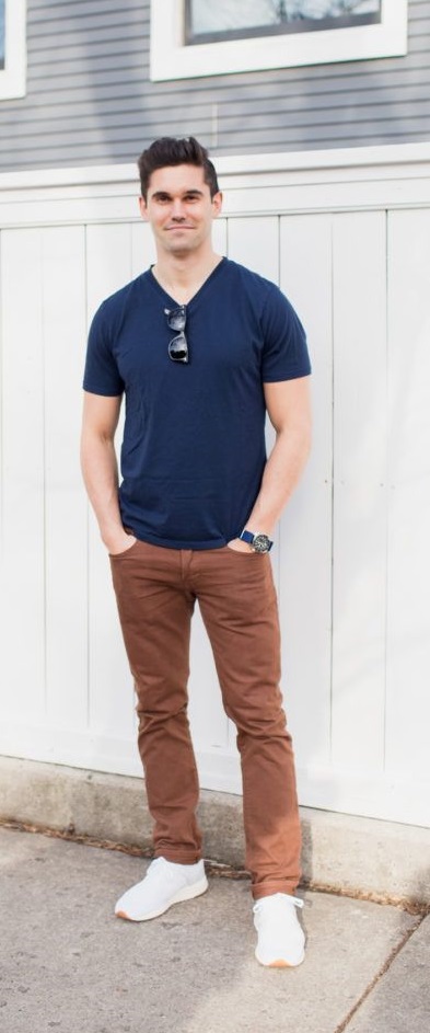 brown jeans with blue t-shirt with shades and a watch_ brown jeans with blue t-shirt with shades and a watch_