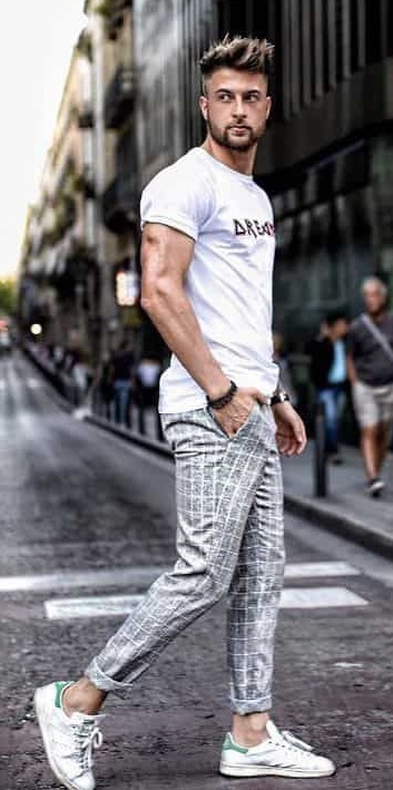 checked grey chino with white printed t-shirt and bracelet and white shoes_ checked grey chino with white printed t-shirt and bracelet and white shoes_