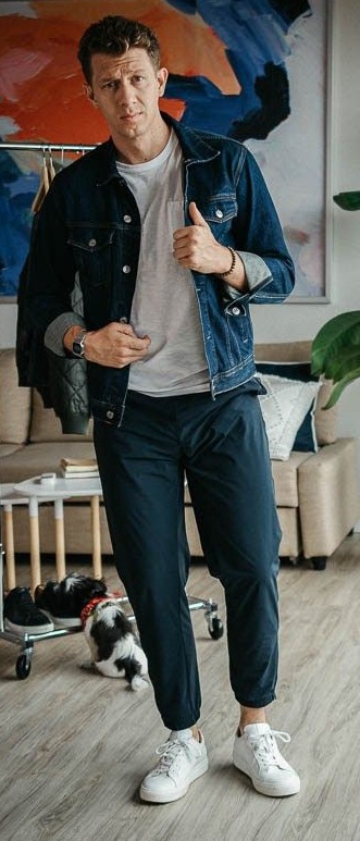 denim jacket with joggers, white sneakers and white t-shirt accessorized with a watch_