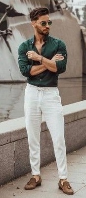 green shirt with white chinos and shades_ green shirt with white chinos and shades_