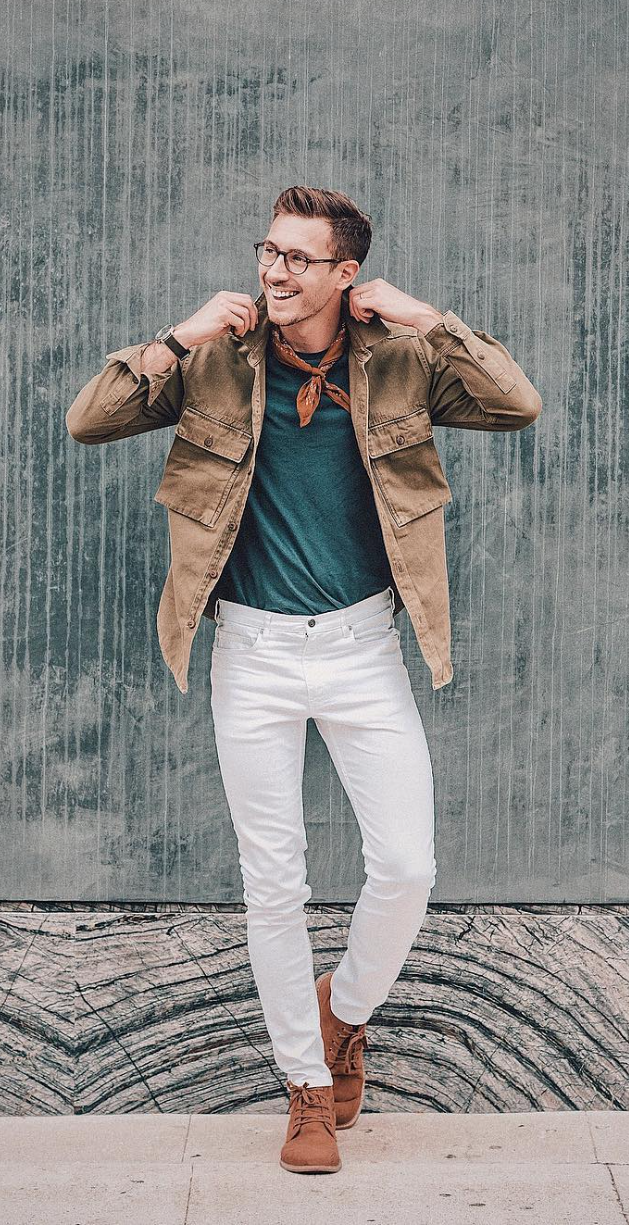 green t-shirt with white chinos and brown jacket accessorized with scarf_ green t-shirt with white chinos and brown jacket accessorized with scarf_