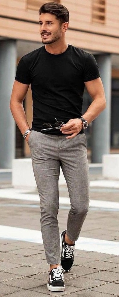 grey chinos with black t-shirt, watch and a bracelet_ grey chinos with black t-shirt, watch and a bracelet_