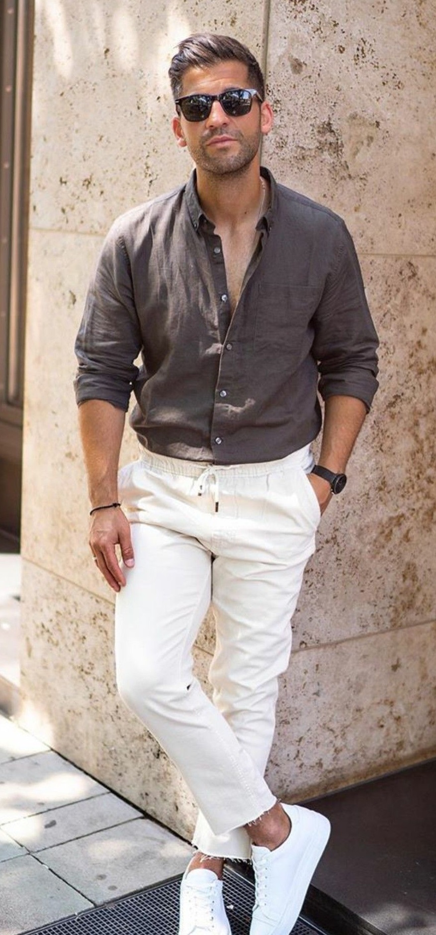 grey t-shirt with white chinos and shades with watch and white sneakers_ grey t-shirt with white chinos and shades with watch and white sneakers_