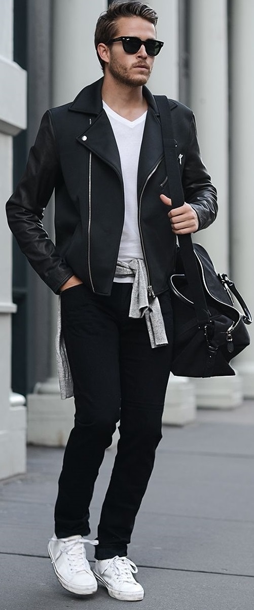 full black outfit with white shirt and shoes accessorized with a bag full black outfit with white shirt and shoes accessorized with a bag