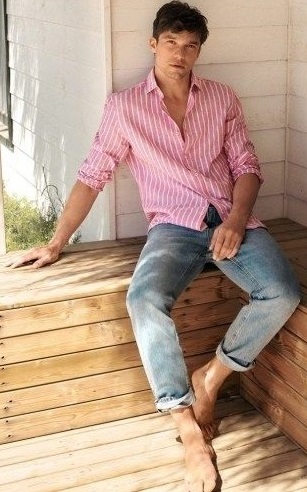 Pink stripped shirt with blue denims Pink stripped shirt with blue denims