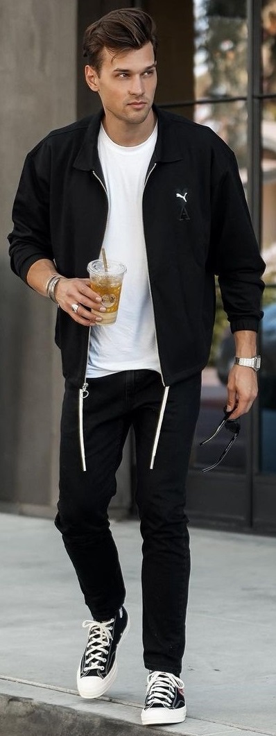 black jacket with black denims and white shoes accessorized with watch black jacket with black denims and white shoes accessorized with watch