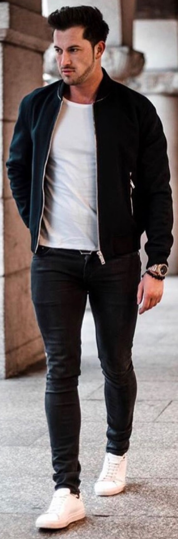 black zipped jackets with black chinos and white t-shirt and shoes black zipped jackets with black chinos and white t-shirt and shoes