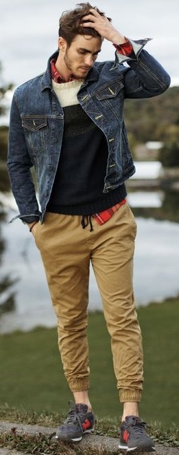 beige Tapered Jogger with a tshirt and denim jacket beige Tapered Jogger with a tshirt and denim jacket