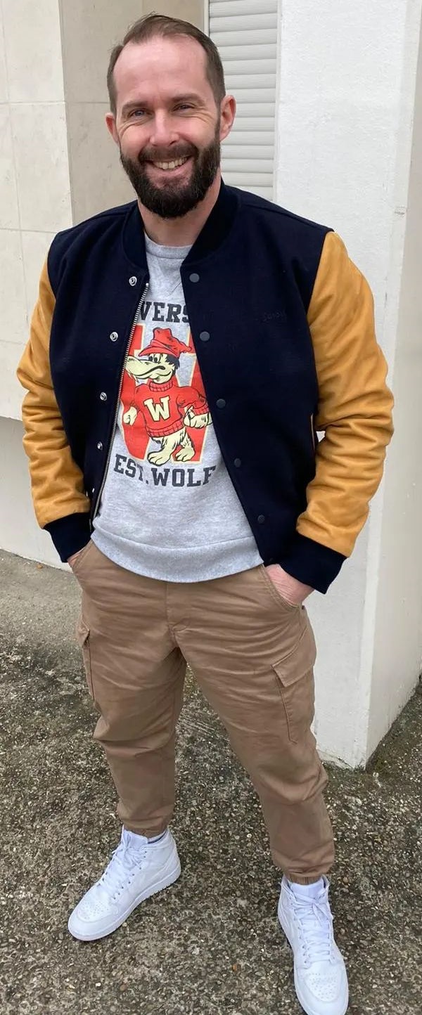 beige cargo men's joggers with a tshirt and a jacket beige cargo men's joggers with a tshirt and a jacket