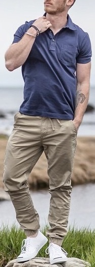 beige twill men's jogger and blue tshirt beige twill men's jogger and blue tshirt