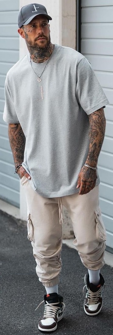 light cream men's jogger with grey tshirt and shoes light cream men's jogger with grey tshirt and shoes